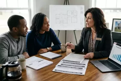 Mortgage lender meeting with first-time buyers to discuss financing options.