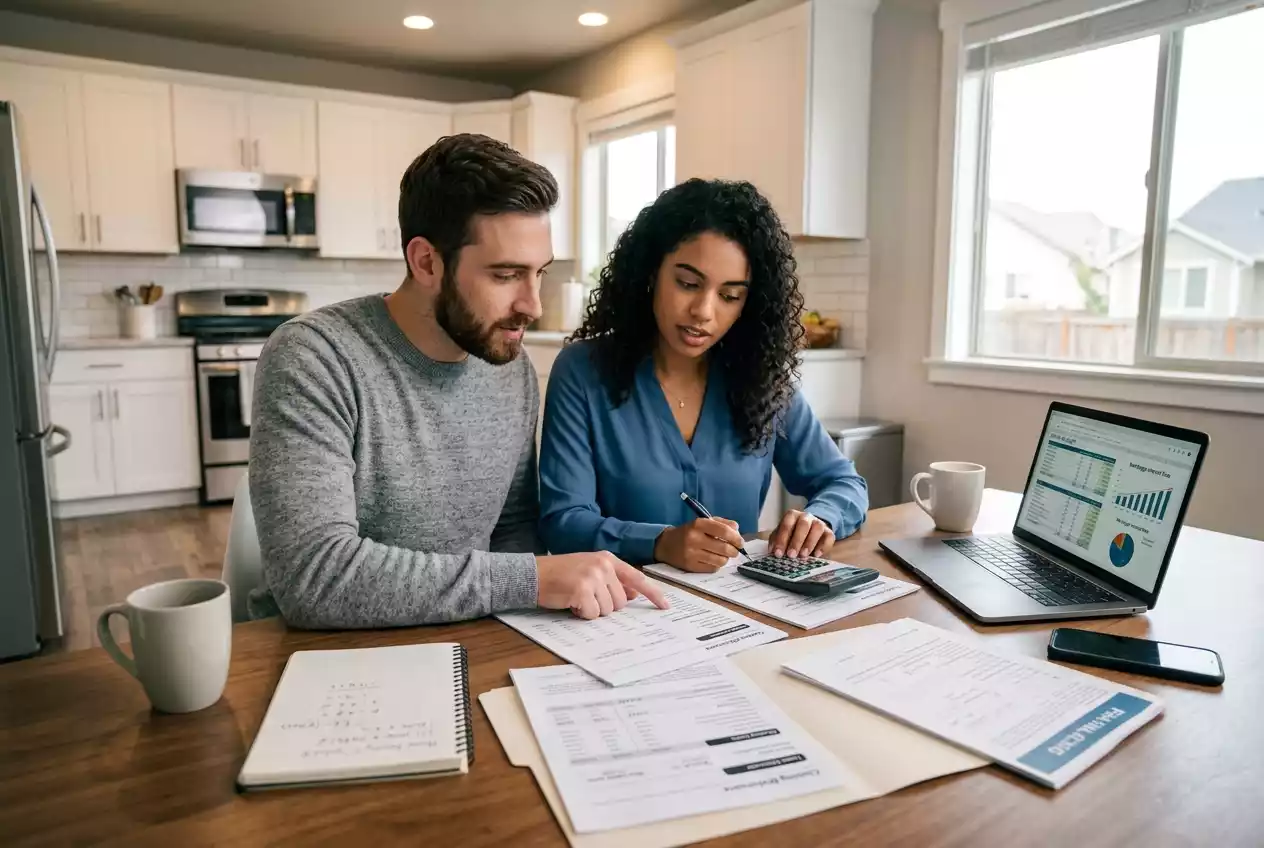 Homebuyers reviewing FHA loan down payment and mortgage costs